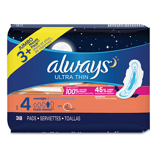 Always Ultra Thin Overnight Pads With Wings, 38/pack (95236PK)