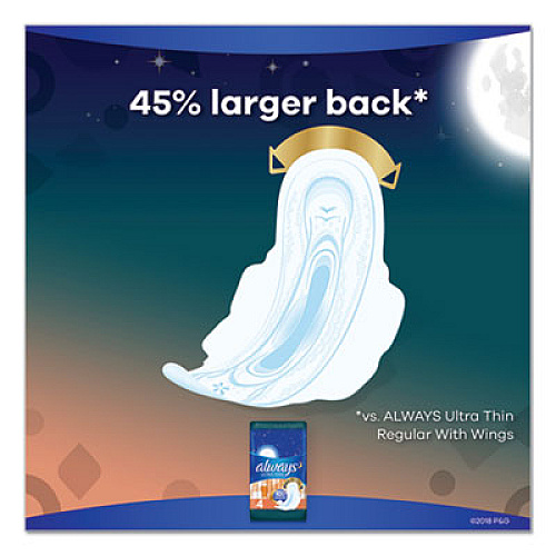 Always Ultra Thin Overnight Pads with Wings, 38/Pack, 6 Packs/Carton (95236)