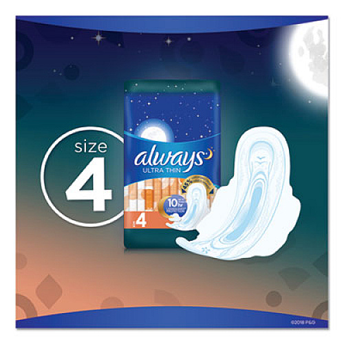 Always Ultra Thin Overnight Pads With Wings, 38/pack (95236PK)