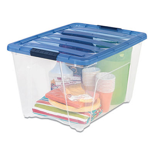 IRIS Stack and Pull Latching Flat Lid Storage Box, 13.5 gal, 22" x 16.5" x 13.03", Clear/Translucent Blue (100242)