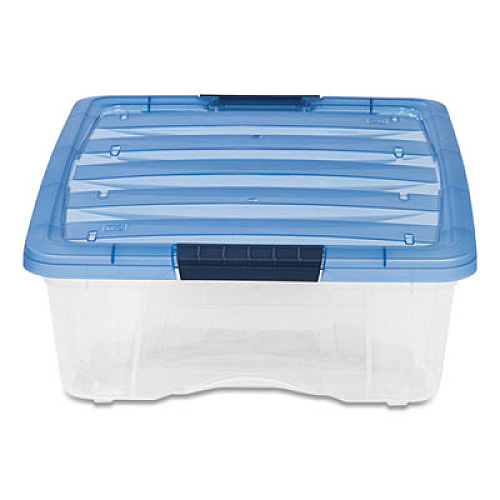 IRIS Stack and Pull Latching Flat Lid Storage Box, 6.73 gal, 16.5" x 22" x 6.5", Clear/Translucent Blue (100364)