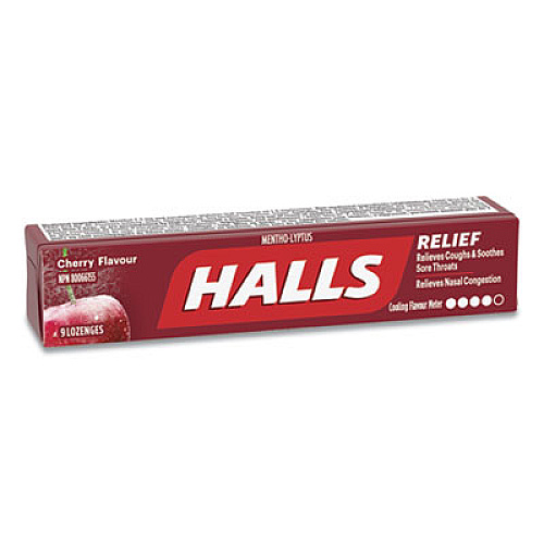 HALLS Mentho-Lyptus Cough and Sore Throat Lozenges, Cherry, 9/Pack, 20 Packs/Box (AMC62476)