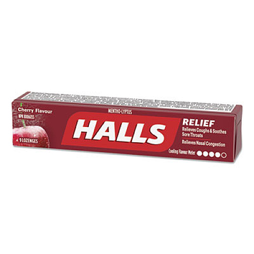 HALLS Mentho-Lyptus Cough and Sore Throat Lozenges, Cherry, 9/Pack, 20 Packs/Box (AMC62476)