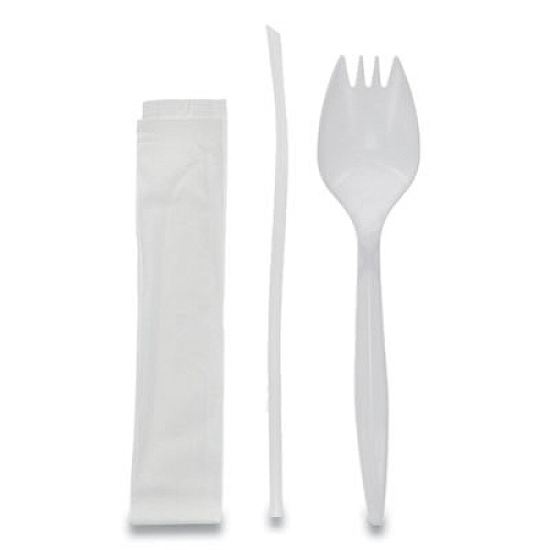 Pactiv FIELDWARE POLYPROPYLENE CUTLERY KIT, SPORK, 10 X 8 NAPKIN, SPIKE STRAW, MEDIUMWEIGHT, WHITE, 1,000/CARTON (FKQWSCHL2CH)