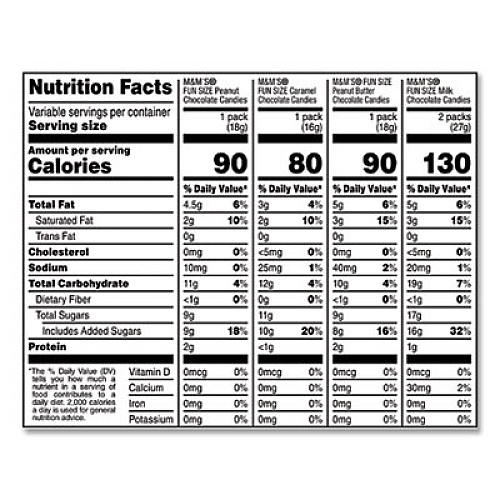 M & M's Fun Size Variety Mix, Caramel, Milk Chocolate, Peanut, Peanut Butter Flavors, 30.35 oz Bag, 55 Packs/Bag (56025)