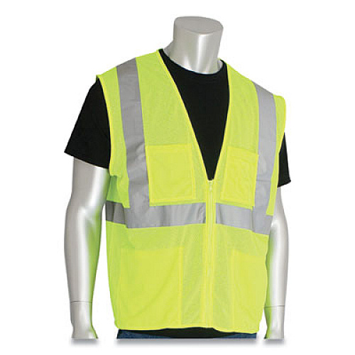 PIP ZIPPER SAFETY VEST, HI-VIZ LIME YELLOW, 2 LOWER AND 2 UPPER CHEST POCKETS, X-LARGE (176847)