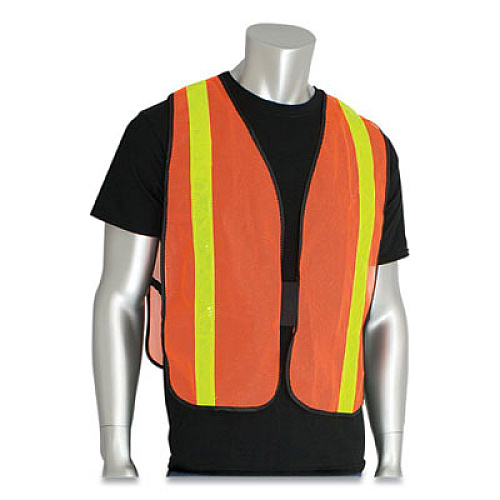 PIP HOOK AND LOOP SAFETY VEST, HI-VIZ ORANGE WITH YELLOW PRISMATIC TAPE, ONE SIZE FITS MOST (179386)