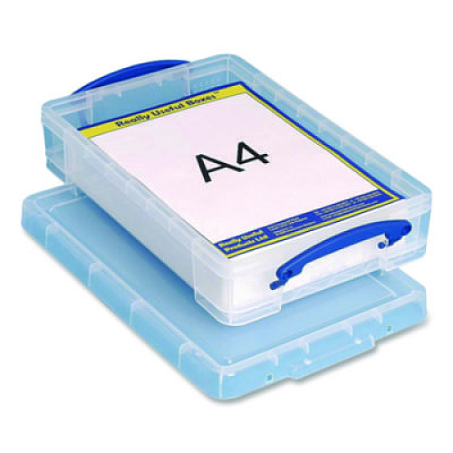 Really Useful Box Snap-Lid Storage Bin, 1.05 gal, 10.25" x 14.5" x 3.37", Clear/Blue (4LITRECLEAR)
