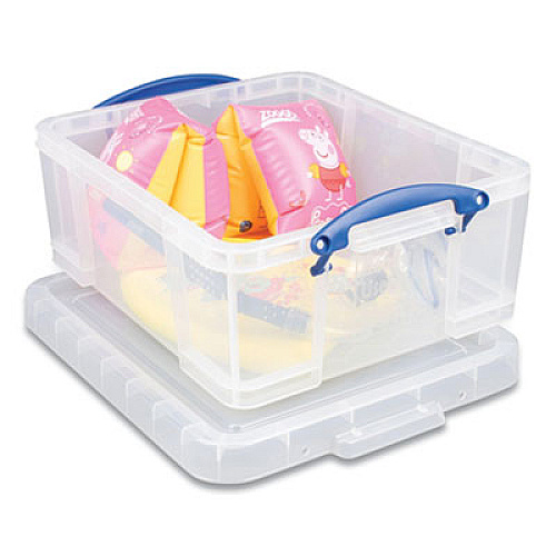 Really Useful Box SNAP-LID STORAGE BIN, 4.49 GAL, 11" X 18" X 4", CLEAR/BLUE, 4/PACK (2215517)