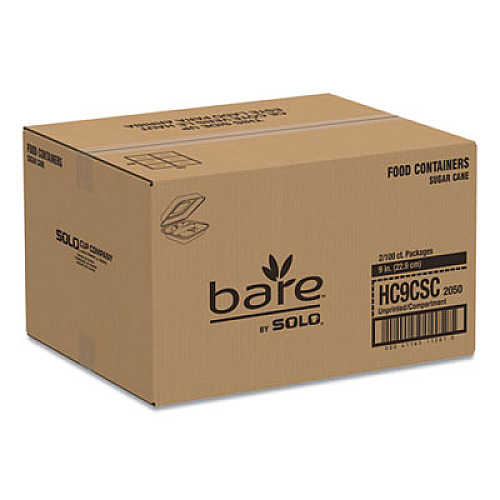 Dart Bare by Solo Eco-Forward Bagasse Hinged Lid Containers, 3-Compartment, 9.6 x 9.4 x 3.2, Ivory, 200/Carton (HC9CSC2050)