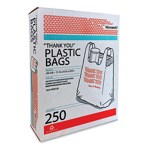 Monarch Plastic "Thank You - Have a Nice Day" Shopping Bags, 11.5" x 6.5" x 22", White, 250/Box (925128)