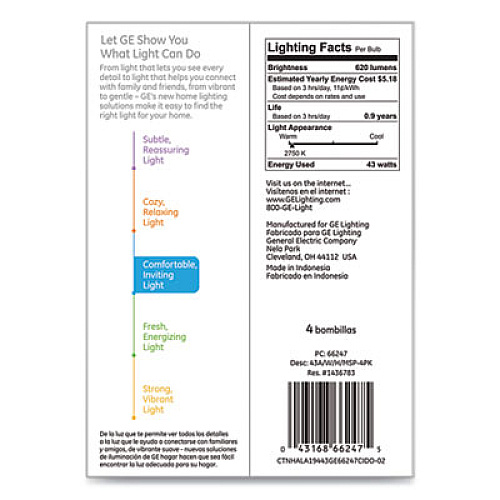 Dimmable Halogen A-Line Bulb, 43 W, Soft White, 4/Pack (66247)