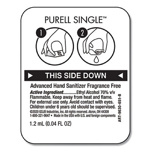 PURELL Advanced Hand Sanitizer Single Use, Gel, 1.2 mL Packet, Fragrance-Free, 2,000/Carton (96302MNS)