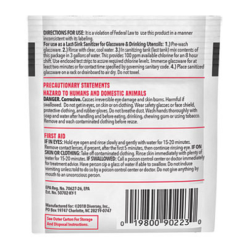 Diversey Beer Clean Last Rinse Glass Sanitizer, Powder, 0.25 oz Pack, 100/Carton (90223)