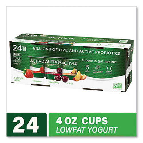 Activia Probiotic Lowfat Yogurt, 4 oz Cups, Black Cherry/Peach/Strawberry, 24/Pack (90200477)