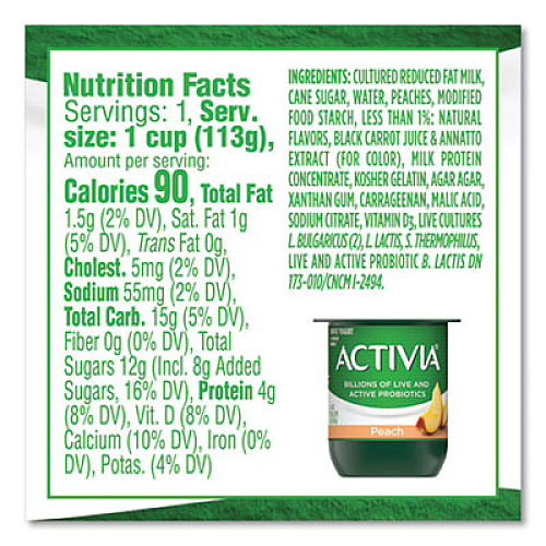 Activia Probiotic Lowfat Yogurt, 4 oz Cups, Black Cherry/Peach/Strawberry, 24/Pack (90200477)