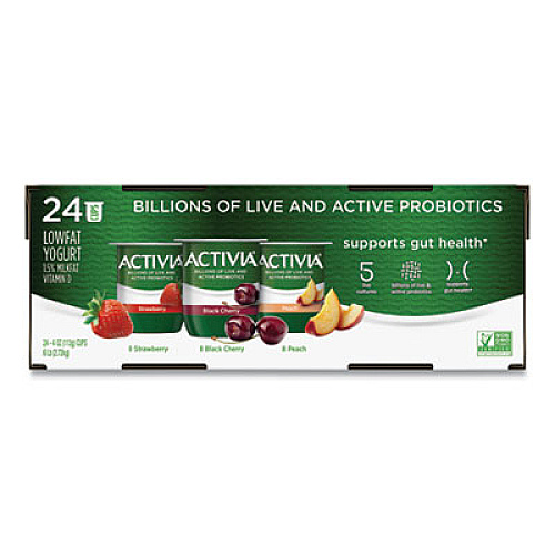Activia Probiotic Lowfat Yogurt, 4 oz Cups, Black Cherry/Peach/Strawberry, 24/Pack (90200477)