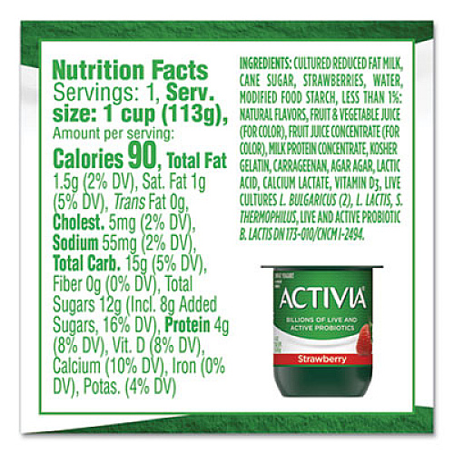 Activia Probiotic Lowfat Yogurt, 4 oz Cups, Black Cherry/Peach/Strawberry, 24/Pack (90200477)