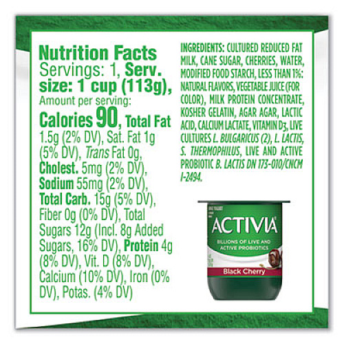 Activia Probiotic Lowfat Yogurt, 4 oz Cups, Black Cherry/Peach/Strawberry, 24/Pack (90200477)