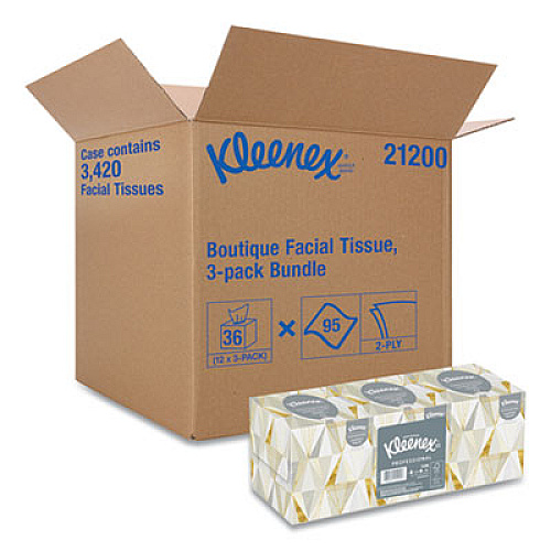 Kleenex Boutique White Facial Tissue, 2-Ply, Pop-Up Box, 95 Sheets/Box, 3 Boxes/Pack, 12 Packs/Carton (21200CT)