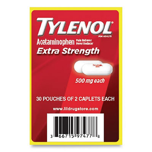 Tylenol Acetaminophen, 500 mg, Extra Strength Caplets, Refill, 2 /Packet, 30 Packets/Box (97477)
