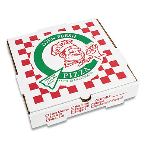 CORRUGATED KRAFT PIZZA BOXES, E-FLUTE, WHITE/RED/GREEN, 10" PIZZA, 10 X 10 X 1.75, 50/CARTON (PZCORE10P)