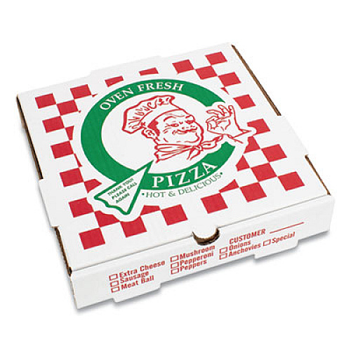 CORRUGATED KRAFT PIZZA BOXES, B-FLUTE, WHITE/RED/GREEN, 14" PIZZA, 14 X 14 X 2.5, 50/CARTON (PZCORB14P)