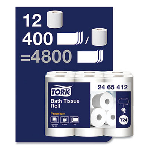 Tork Premium Poly-Pack Bath Tissue, Septic Safe, 2-Ply, White, 400 Sheets/Roll, 12 Rolls/Pack, 4 Packs/Carton (2465412)