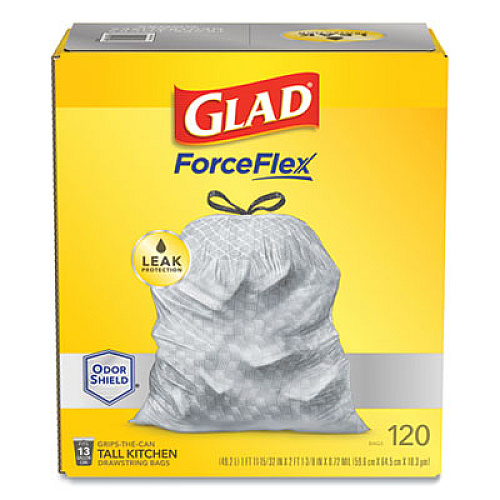 Glad ODORSHIELD TALL KITCHEN DRAWSTRING BAGS, 13 GAL, 18.3 MIC, 25.4" X 23.75", WHITE, 120/BOX (24401951)