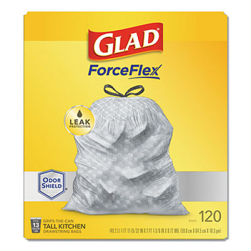 Glad ODORSHIELD TALL KITCHEN DRAWSTRING BAGS, 13 GAL, 18.3 MIC, 25.4" X 23.75", WHITE, 120/BOX (24401951)