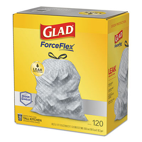 Glad ODORSHIELD TALL KITCHEN DRAWSTRING BAGS, 13 GAL, 18.3 MIC, 25.4" X 23.75", WHITE, 120/BOX (24401951)