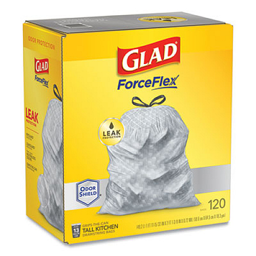 Glad ODORSHIELD TALL KITCHEN DRAWSTRING BAGS, 13 GAL, 18.3 MIC, 25.4" X 23.75", WHITE, 120/BOX (24401951)