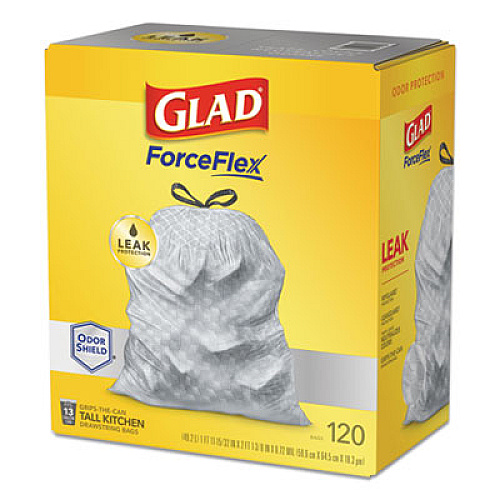 Glad ODORSHIELD TALL KITCHEN DRAWSTRING BAGS, 13 GAL, 18.3 MIC, 25.4" X 23.75", WHITE, 120/BOX (24401951)