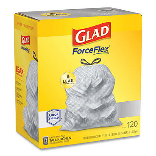 Glad ODORSHIELD TALL KITCHEN DRAWSTRING BAGS, 13 GAL, 18.3 MIC, 25.4" X 23.75", WHITE, 120/BOX (24401951)