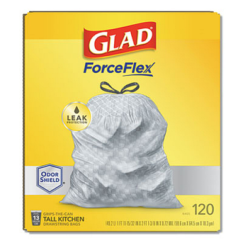 Glad ODORSHIELD TALL KITCHEN DRAWSTRING BAGS, 13 GAL, 18.3 MIC, 25.4" X 23.75", WHITE, 120/BOX (24401951)