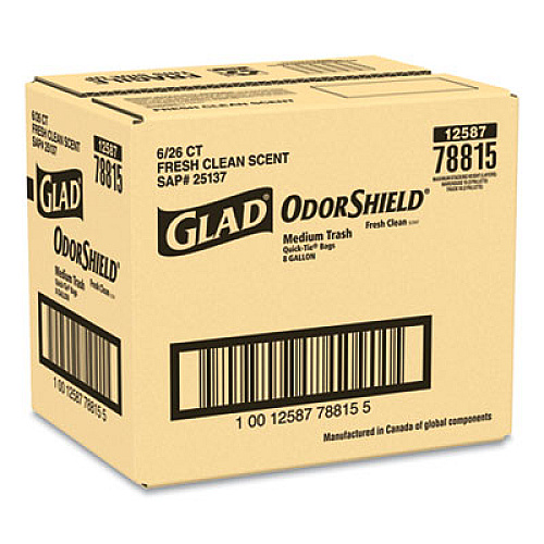Glad OdorShield Medium Quick-Tie Trash Bags, 8 gal, 0.57 mil, 21.63" x 23", White, 156/Carton (78815CT)