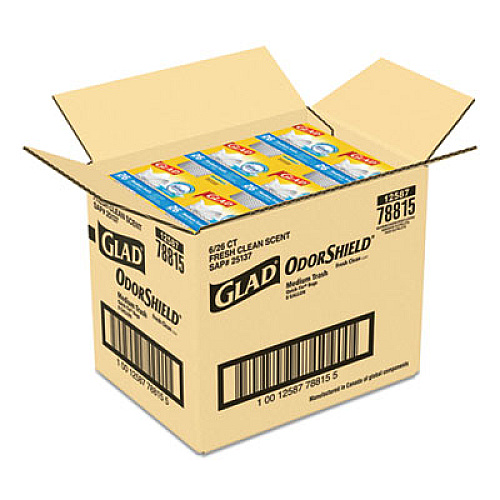Glad OdorShield Medium Quick-Tie Trash Bags, 8 gal, 0.57 mil, 21.63" x 23", White, 156/Carton (78815CT)