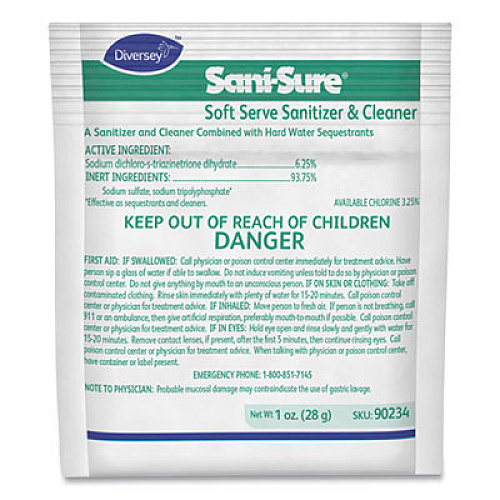 Diversey Sani Sure Soft Serve Sanitizer and Cleaner, Powder, 1 oz Packet, 100/Carton (90234)