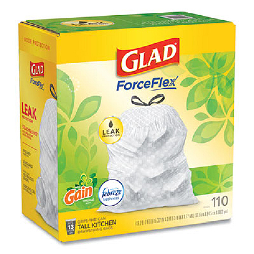 Glad ODORSHIELD WITH GAIN AND FEBREZE, 13 GAL, 0.72 MIL, 25.75" X 11.75", WHITE, 110/BOX (24401953)