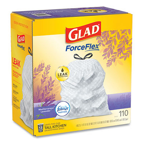Glad ODORSHIELD WITH FEBREZE, 13 GAL, 0.72 MIL, 25.75" X 11.75", WHITE, 110/BOX (24401952)