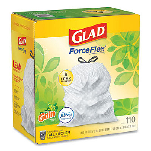 Glad ODORSHIELD WITH GAIN AND FEBREZE, 13 GAL, 0.72 MIL, 25.75" X 11.75", WHITE, 110/BOX (24401953)