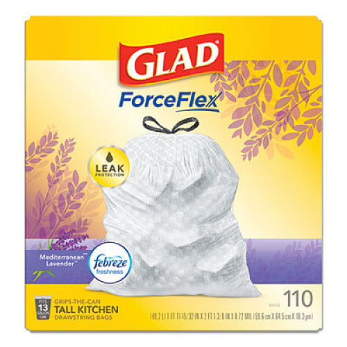 Glad ODORSHIELD WITH FEBREZE, 13 GAL, 0.72 MIL, 25.75" X 11.75", WHITE, 110/BOX (24401952)