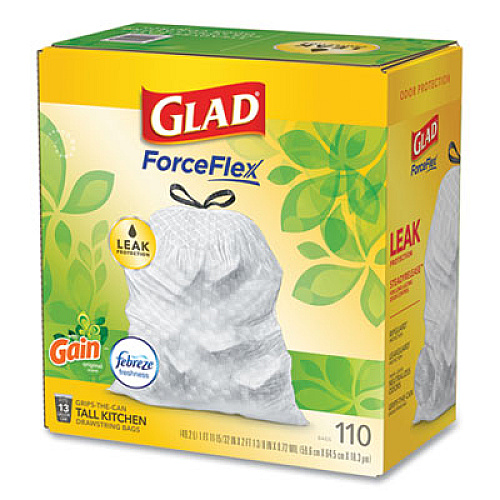 Glad ODORSHIELD WITH GAIN AND FEBREZE, 13 GAL, 0.72 MIL, 25.75" X 11.75", WHITE, 110/BOX (24401953)