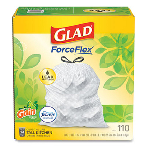 Glad ODORSHIELD WITH GAIN AND FEBREZE, 13 GAL, 0.72 MIL, 25.75" X 11.75", WHITE, 110/BOX (24401953)