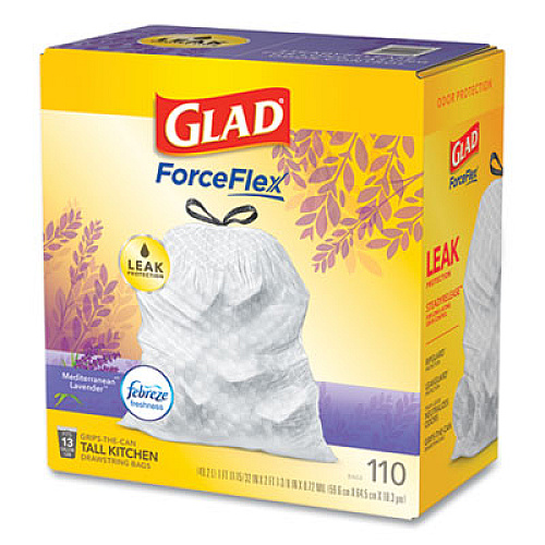 Glad ODORSHIELD WITH FEBREZE, 13 GAL, 0.72 MIL, 25.75" X 11.75", WHITE, 110/BOX (24401952)