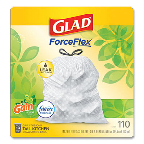 Glad ODORSHIELD WITH GAIN AND FEBREZE, 13 GAL, 0.72 MIL, 25.75" X 11.75", WHITE, 110/BOX (24401953)