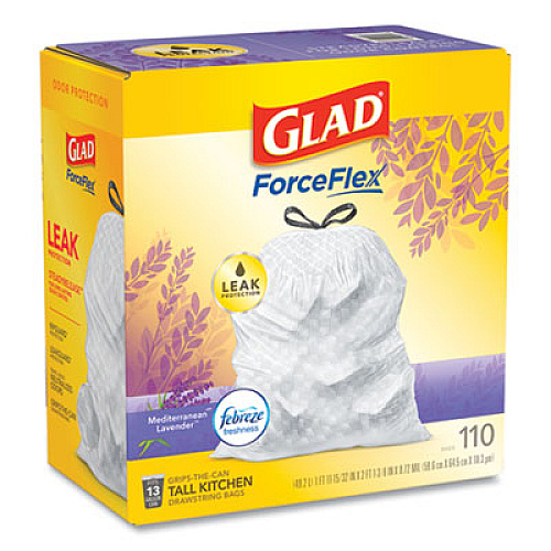 Glad ODORSHIELD WITH FEBREZE, 13 GAL, 0.72 MIL, 25.75" X 11.75", WHITE, 110/BOX (24401952)