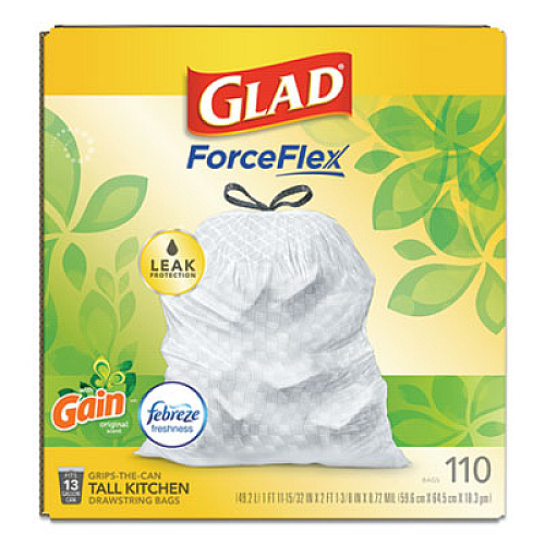 Glad ODORSHIELD WITH GAIN AND FEBREZE, 13 GAL, 0.72 MIL, 25.75" X 11.75", WHITE, 110/BOX (24401953)