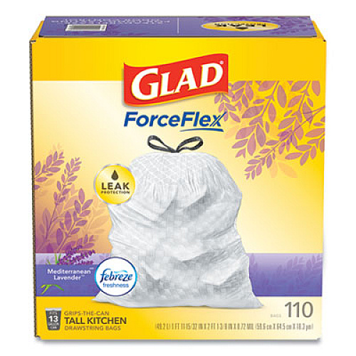 Glad ODORSHIELD WITH FEBREZE, 13 GAL, 0.72 MIL, 25.75" X 11.75", WHITE, 110/BOX (24401952)