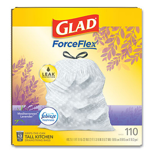Glad ODORSHIELD WITH FEBREZE, 13 GAL, 0.72 MIL, 25.75" X 11.75", WHITE, 110/BOX (24401952)